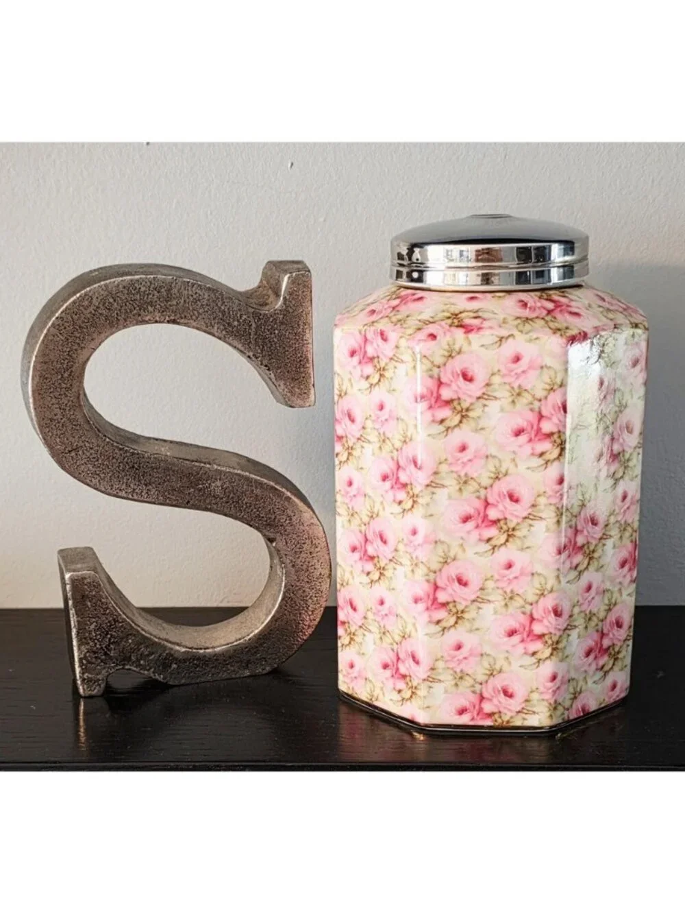 Vintage MCM Royal Staffordshire Pink Floral Biscuit Barrel